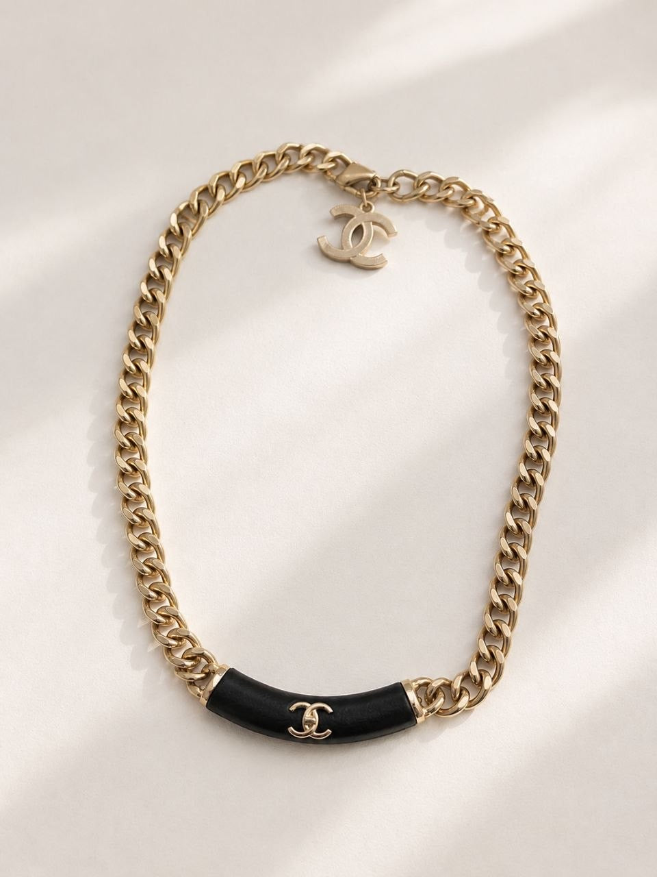 CC Black Leather Chain Necklace