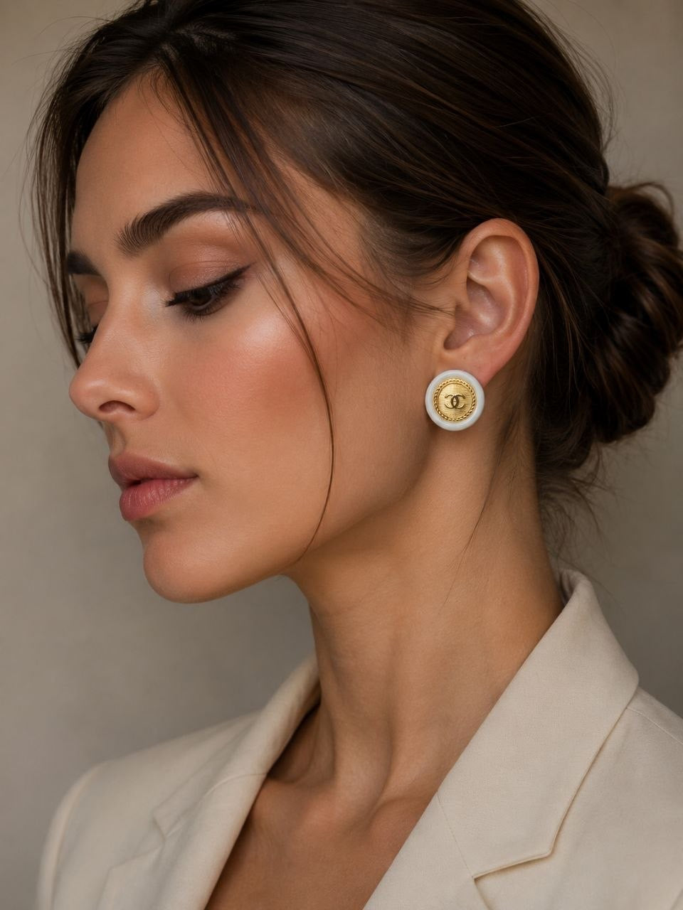CC White Medallion Stud Earrings