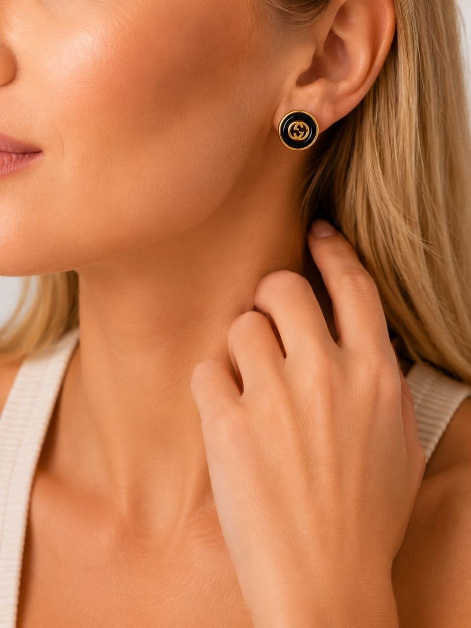 GG Black Medallion Stud Earrings
