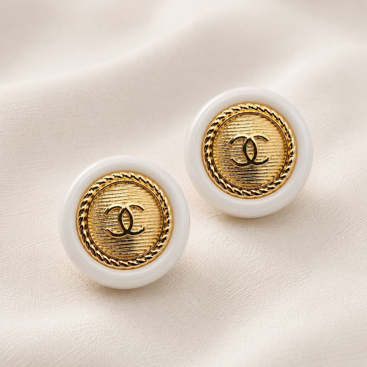 CC White Medallion Stud Earrings