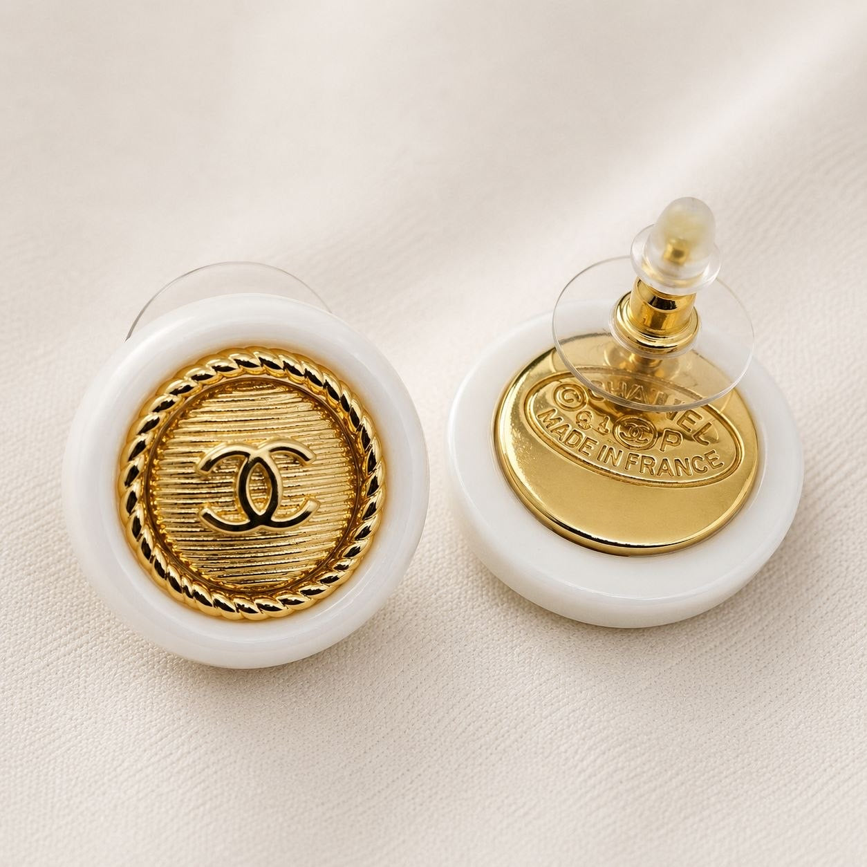 CC White Medallion Stud Earrings