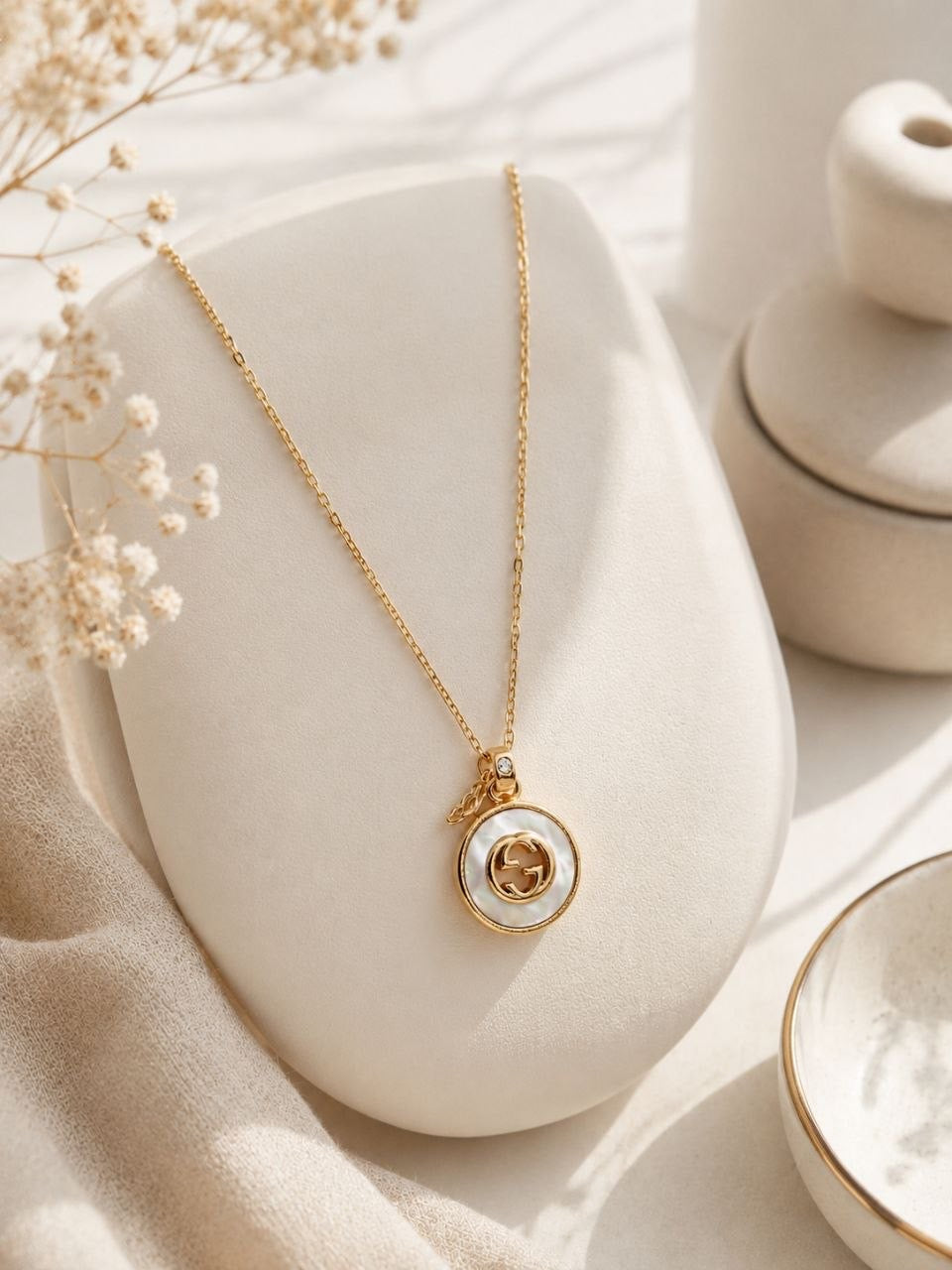 GG White Pearl Medallion Necklace