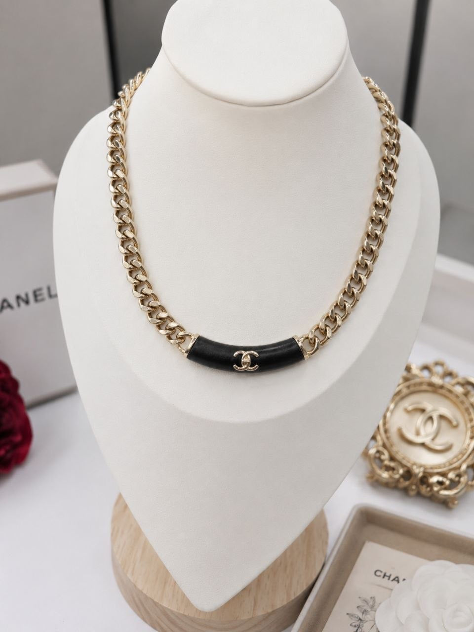 CC Black Leather Chain Necklace