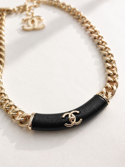 CC Black Leather Chain Necklace