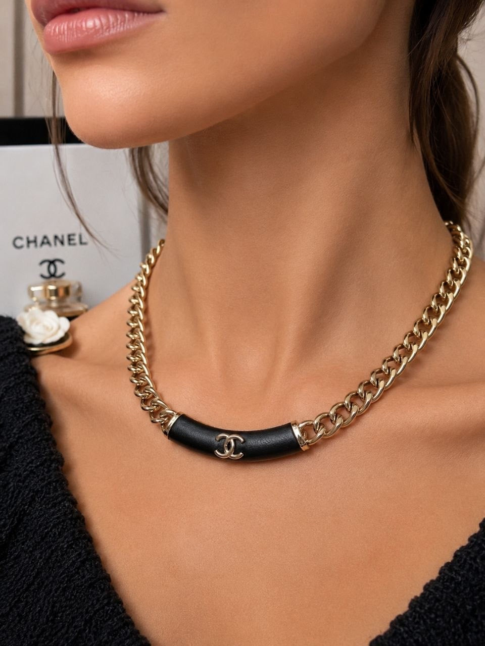 CC Black Leather Chain Necklace