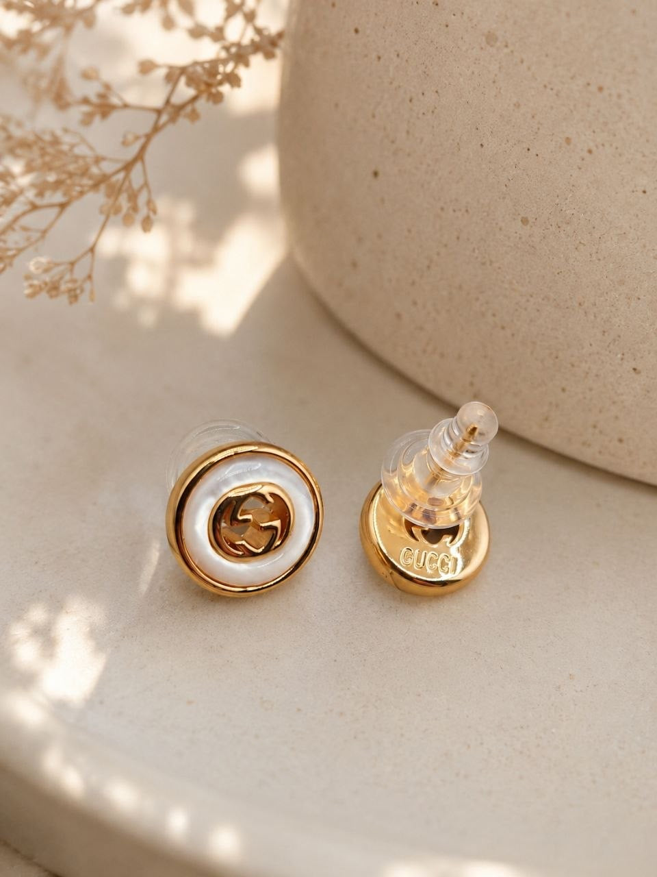 GG White Pearl Stud Earrings