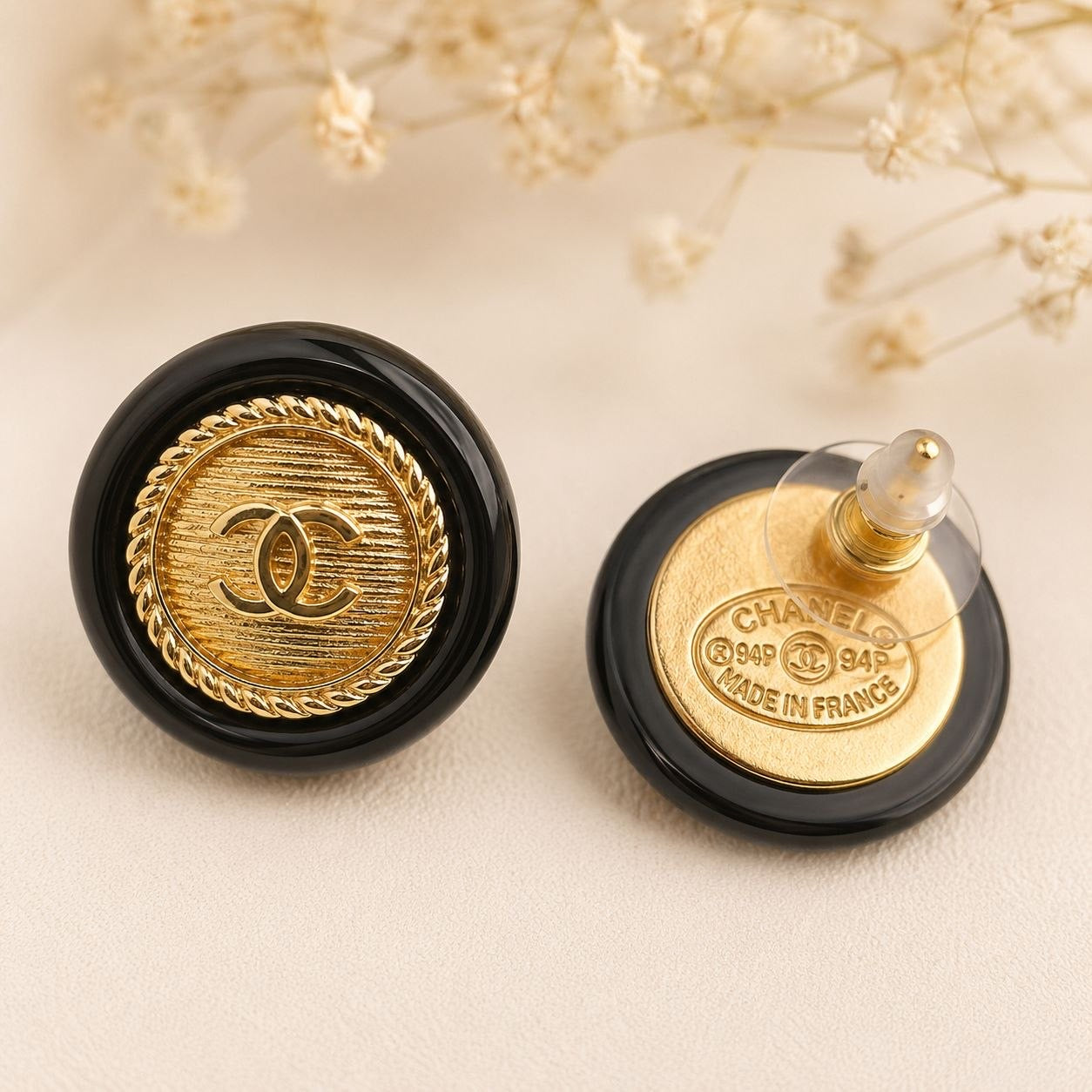 CC Black & Gold Medallion Stud Earrings