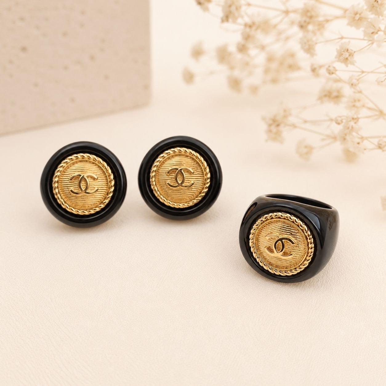 CC Black & Gold Medallion Stud Earrings