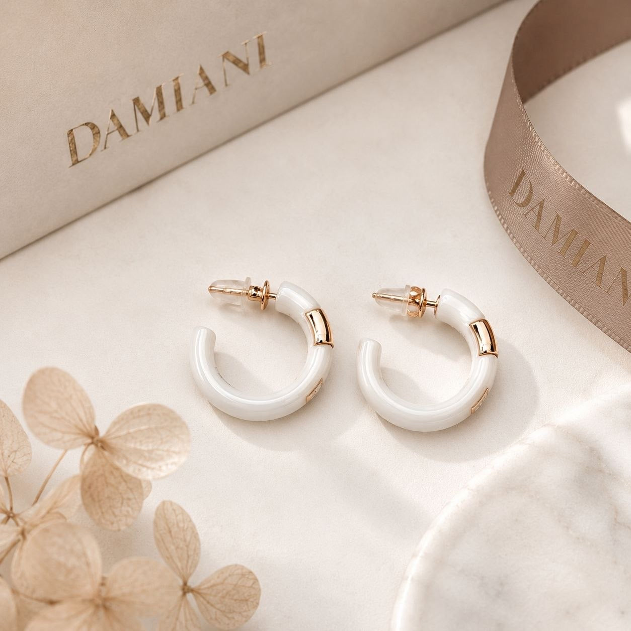 Damiani White Ceramic Hoop Earrings